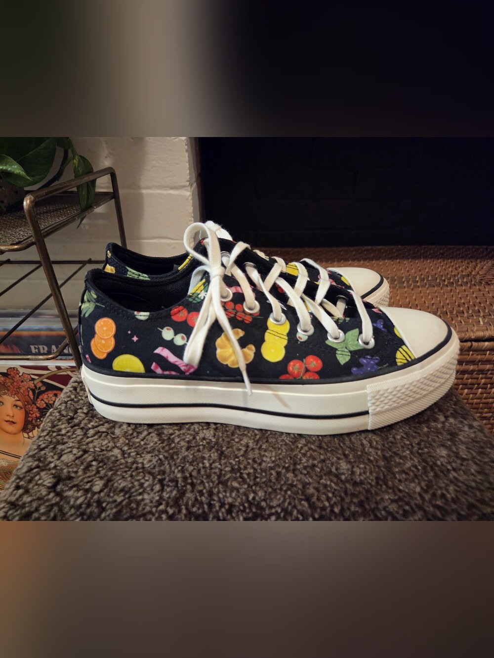Black Canvas Sneakers with Colorful Food Print